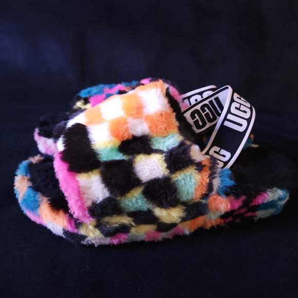 UGG Fluff Yeah Slide Check Checkerboard Plush Strap Back Size 5 Sandals Slides - Picture 5 of 13